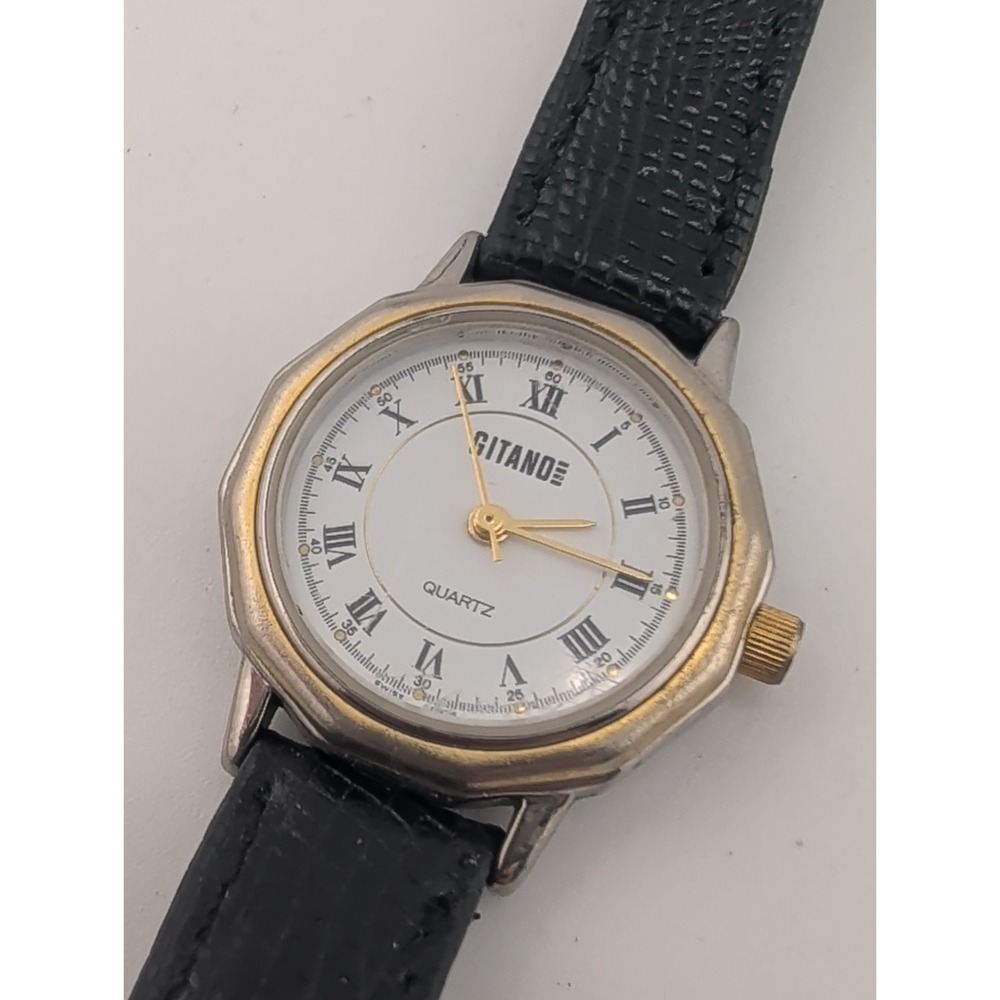 Vintage Gitano Women's Watch 26mm Case Black Leather Band- New Battery